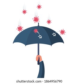 Protecting coronavirus concept. Man in hands holds an umbrella that protects against bacteria of coronavirus Covid 2019. Umbrella as symbol of protection and security. Vector illustration flat design.
