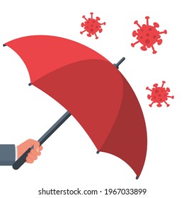 Protecting coronavirus concept. Man in hands holds an umbrella that protects against bacteria of coronavirus Covid 2019. Umbrella as symbol of protection and security. Vector illustration flat design.