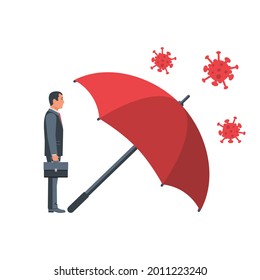 Protecting coronavirus concept. Man stands under the umbrella, an protects against bacteria of coronavirus Covid 2019. Umbrella as symbol of protection and security. Vector illustration flat design.