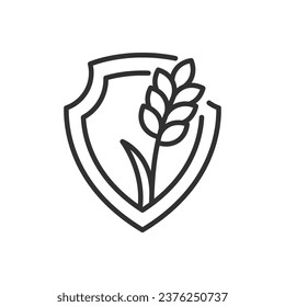 Protecting the crop, linear icon. Shield and wheat. Agriculture. Line with editable stroke