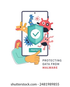 Protecting Data from Malware - Flat Style Design Vector Illustration with Bright Colors for Cybersecurity Awareness. Cybersecurity Protection - Featuring Malware and Data Shield