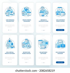 Protecting data online tips set onboarding mobile app page screen. Safe data walkthrough eight steps graphic instructions with concepts. UI, UX, GUI vector template with linear color illustrations