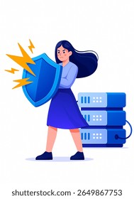 Protecting data servers with cybersecurity shield, depicting security, defense, vulnerability and woman against cyber threats, vector illustration.