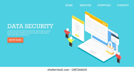 Protecting digital data, Data security,  Data protection technology, flat design vector illustration, 3D, isometric concept 