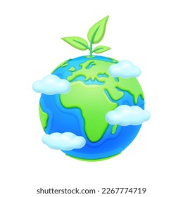 Protecting ecology and environment of planet earth. Isolated globe with botany and foliage, sprouts and blooming flora design. 3d style vector illustration