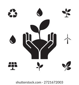 Protecting the environment hands cradling a seedling with eco symbols