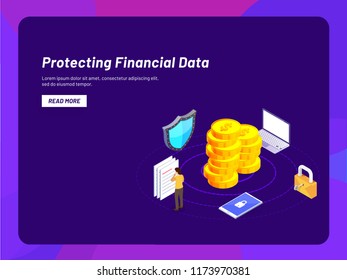 Protecting Financial Data concept based landing page design, Stack of coins with security shield, smartphone, laptop and padlock.