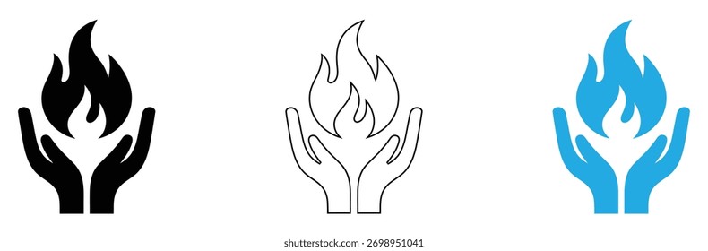 Protegendo a chama Conceitos abstratos Apresentando mãos segurando fogo em preto, contorno e cores azuis para poder de negócios, paixão e necessidades de energia