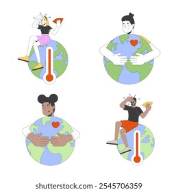 Protecting global environment 2D illustration concepts set. Diverse people caring of ecology and warning about warming cartoon characters isolated on white. Metaphors abstract flat vector collection