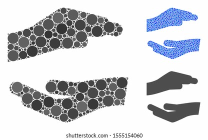 Protecting hands mosaic of small circles in different sizes and shades, based on protecting hands icon. Vector filled circles are composed into blue mosaic.