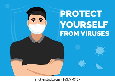 protecting health from viruses and diseases. a man in a medical mask, strong immunity. atukuyuschie and infectious viruses and microbes of the common cold, flu. vector illustration.