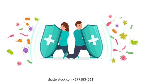 Protecting immune system from viral microbes and bacteria. Healthy man and woman ward off attack of viral infections with shield.