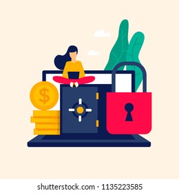 Protecting the Internet business, storing money. Flat style vector illustration.