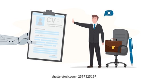 Protecting labor market from technology and robotization. Worker man showing STOP gesture for stopping development of artificial intelligence algorithms. Robot arm with resume. vector illustration