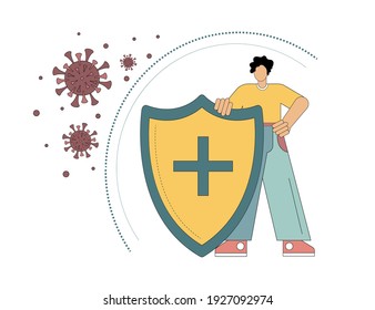 Protecting life and health from bacteria and viruses. Strong human immune system. Strengthening the immune system. A person defends himself against a virus attack with a shield. Vector illustration.