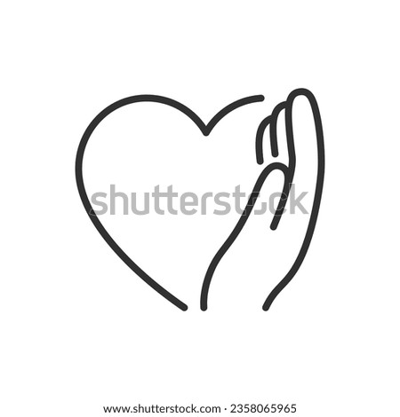 Protecting love, linear icon. Preservation and protection. The hand of love. Hand and heart. Line with editable stroke
