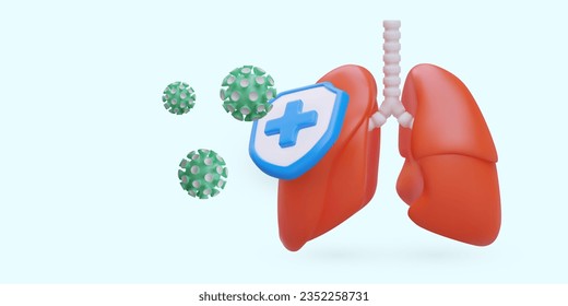 Protecting lungs from virus. Reliable vaccination. 3D illustration in cartoon style, text. Color poster for clinic. Advertising of vaccines and medicines. Epidemic prevention