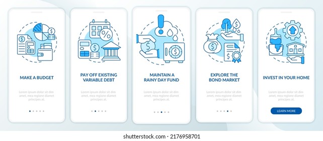 Protecting money during inflation blue onboarding mobile app screen. Walkthrough 5 steps editable graphic instructions with linear concepts. UI, UX, GUI template. Myriad Pro-Bold, Regular fonts used