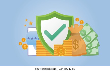 Proteger el dinero en la ilustración plana vectorial aislada. llave contra escudos o monedas y protección de depósitos bancarios. Concepto de seguridad financiera y seguro de negocios de fondo azul.Ilustración de diseño de vectores.