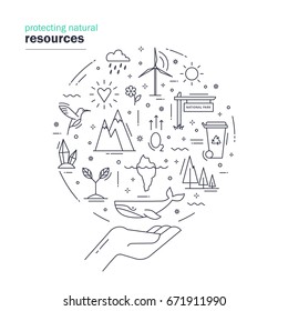 Protecting natural resources. Modern thin line design with elements of nature and ecology symbols. Vector illustration on white background.