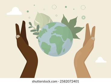 Protecting Our Planet. Diverse Hands Caring for Earth. Two diverse hands hold a globe symbolizing environmental care, sustainability, and global responsibility for our planet. Vector illustration