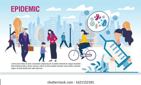 Protecting People from Epidemic Flat Promo Banner. Virus Attacks. Cartoon Man, Children in Protective Facial Masks to Avoiding Infection. City Street. Doctor with Syringe. Vector Illustration