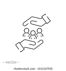 protecting people icon, charity, concept safe people in hands, help to community, love to family thin line symbol on white background - editable stroke vector illustration eps 10