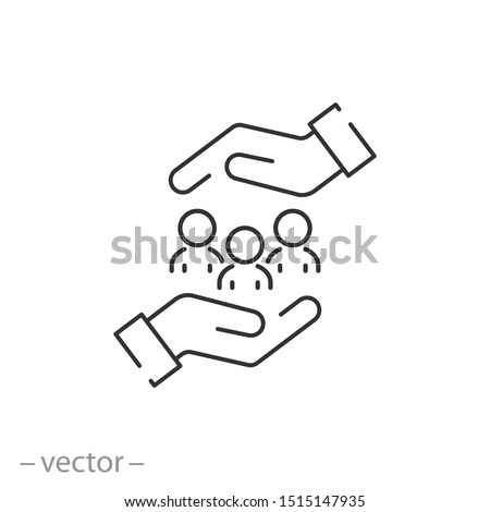 protecting people icon, charity, concept safe people in hands, help to community, love to family thin line symbol on white background - editable stroke vector illustration eps 10