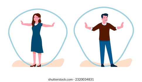 Protecting personal boundaries and freedom. Woman and man feel encapsulated. People in soap bubbles. Social isolation. Upset persons in circle dome. Inside glass sphere