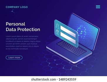 Protecting personal data concept, internet account security guarantee isometric vector. Frame with login and password in front of open laptop screen on blue honeycomb background, landing web site page