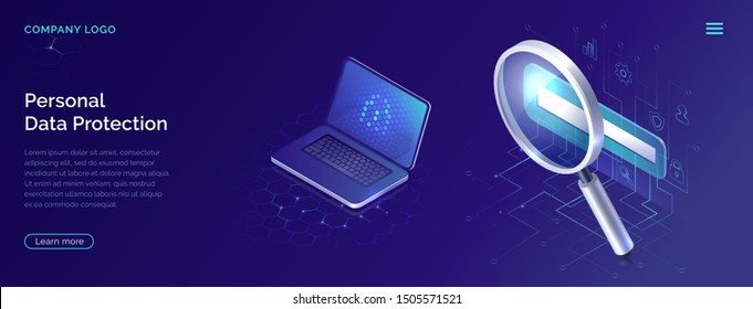Protecting personal data concept, internet account security isometric vector. Frame with login and password ang magnifier, open laptop screen on blue honeycomb background, landing web site page