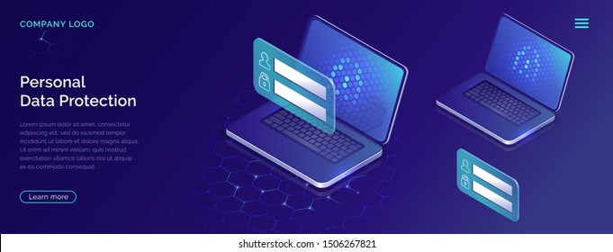 Protecting personal data concept, internet account security guarantee isometric vector. Frame with login and password in front of open laptop screen on blue honeycomb background, landing web site page