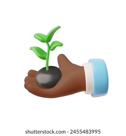 Protecting the planet, a 3d human hand holds a sapling with fresh leaves on a white background. Illustration of growth, environment and nature conservation.