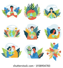 Protegiendo el planeta tierra y salvando la ecología, la gente cuidando la flora y la fauna. Caracteres con conciencia ecológica. Apoyar y preservar la naturaleza y los recursos naturales. Vector de estilo plano