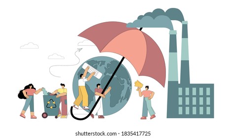 Protecting the planet from pollution, emissions of harmful substances into the environment. Flat people hold an umbrella over the planet. Measures to save the planet. Vector illustration