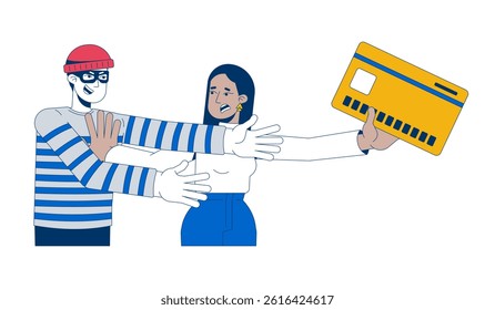 Protecting savings from thief 2D illustration concept. Financial scam prevention. Arab woman defending credit card from theft cartoon characters isolated on white. Flat abstract vector metaphor