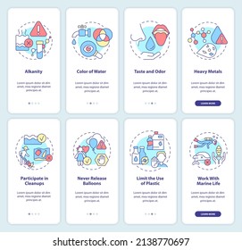 Protecting water quality onboarding mobile app screen set. Indicators walkthrough 4 steps graphic instructions pages with linear concepts. UI, UX, GUI template. Myriad Pro-Bold, Regular fonts used