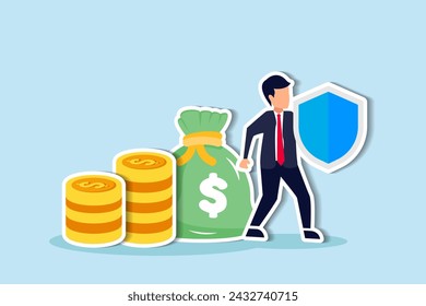 Protecting wealth through diversified investment portfolios in volatile markets or safeguarding savings during financial crises, businessman expert with strong shield to protect money coins stack.