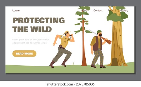 Protecting the wild web page layout for reserve park guards or rangers forces, flat vector illustration. Website or landing page interface with forest ranger.