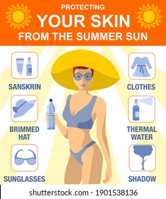 Protecting your skin from the summer sun. Infographics. Concept offers healthcare content about protect your skin cancer from risk factors. Girl on the beach protecting skin from the sun.