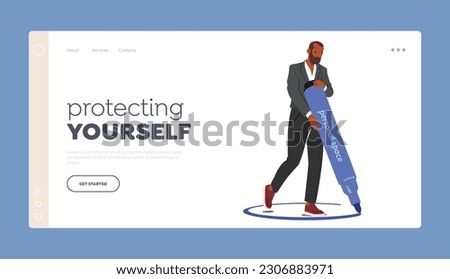 Protecting Yourself Landing Page Template. Man Drawing Circle Around Himself Creating Personal Boundary, Asserting Presence, Delineating Space, Demonstrates Control. Cartoon People Vector Illustration