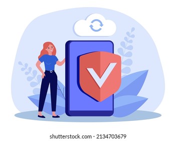 Protection of access to tiny womans cell phone. Girl standing with smartphone and secure shield flat vector illustration. Internet privacy concept for banner, website design or landing web page