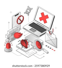 Protection against computer viruses - isometric line illustration
