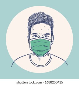 Protection against contagious disease, coronavirus. Man wearing hygienic mask to prevent infection, airborne respiratory illness such as flu, 2019-nCoV. Hand draw sketch vector.