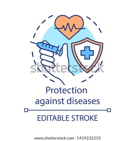 Protection against diseases concept icon. Healthy lifestyle idea thin line illustration. Vaccination, inoculation .Shield with cross, syringe and heart vector isolated outline drawing. Editable stroke