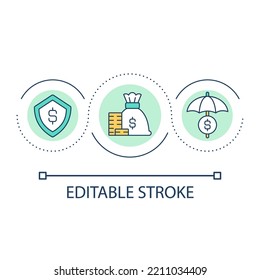 Protection against financial loss loop concept icon. Cash insurance abstract idea thin line illustration. Bank account. Financial future. Isolated outline drawing. Editable stroke. Arial font used