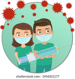 Protection against viruses and bacteria. Boy and girl with face masks, big syringe to fight virus. 