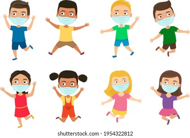 Protection against viruses and bacteria. Boy and girl with face masks are healthy, rejoicing and jumping. 