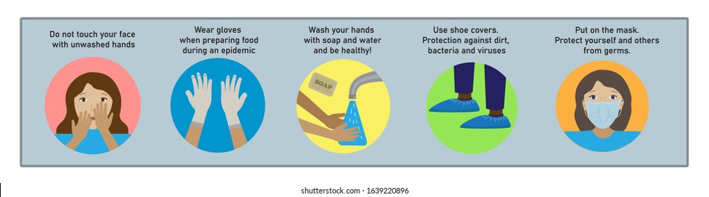 Protection against viruses and bacteria during epidemics. A woman touches her face with her hands. Face with medical mask on. Hands in gloves, legs in shoe covers, wash hands in water. Template banner