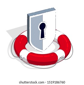 Protection and aid concept, Life Buoy and Shield isolated on white background. Vector 3d isometric illustration, thin line design.